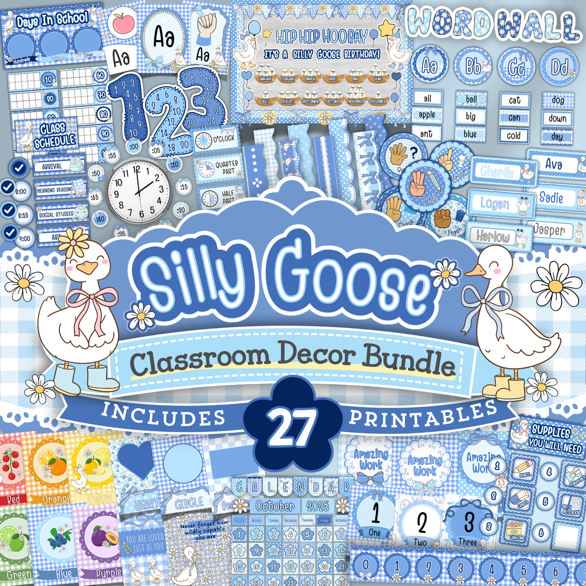 Silly Goose classroom decor bundle featuring 27 printable resources including classroom posters, bulletin board letters and borders, calendar pieces, student name tags, classroom labels, learning posters, number resources, and gingham classroom decor for preschool and elementary teachers.