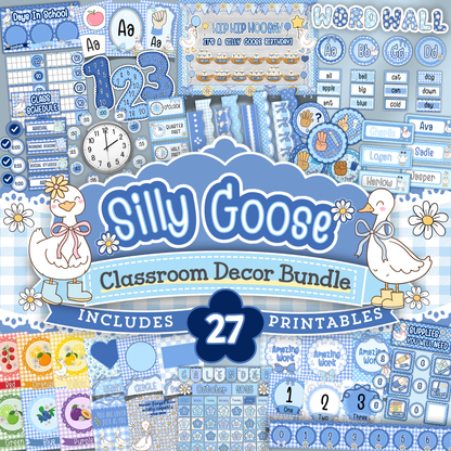 Silly Goose classroom decor bundle featuring 27 printable resources including classroom posters, bulletin board letters and borders, calendar pieces, student name tags, classroom labels, learning posters, number resources, and gingham classroom decor for preschool and elementary teachers.