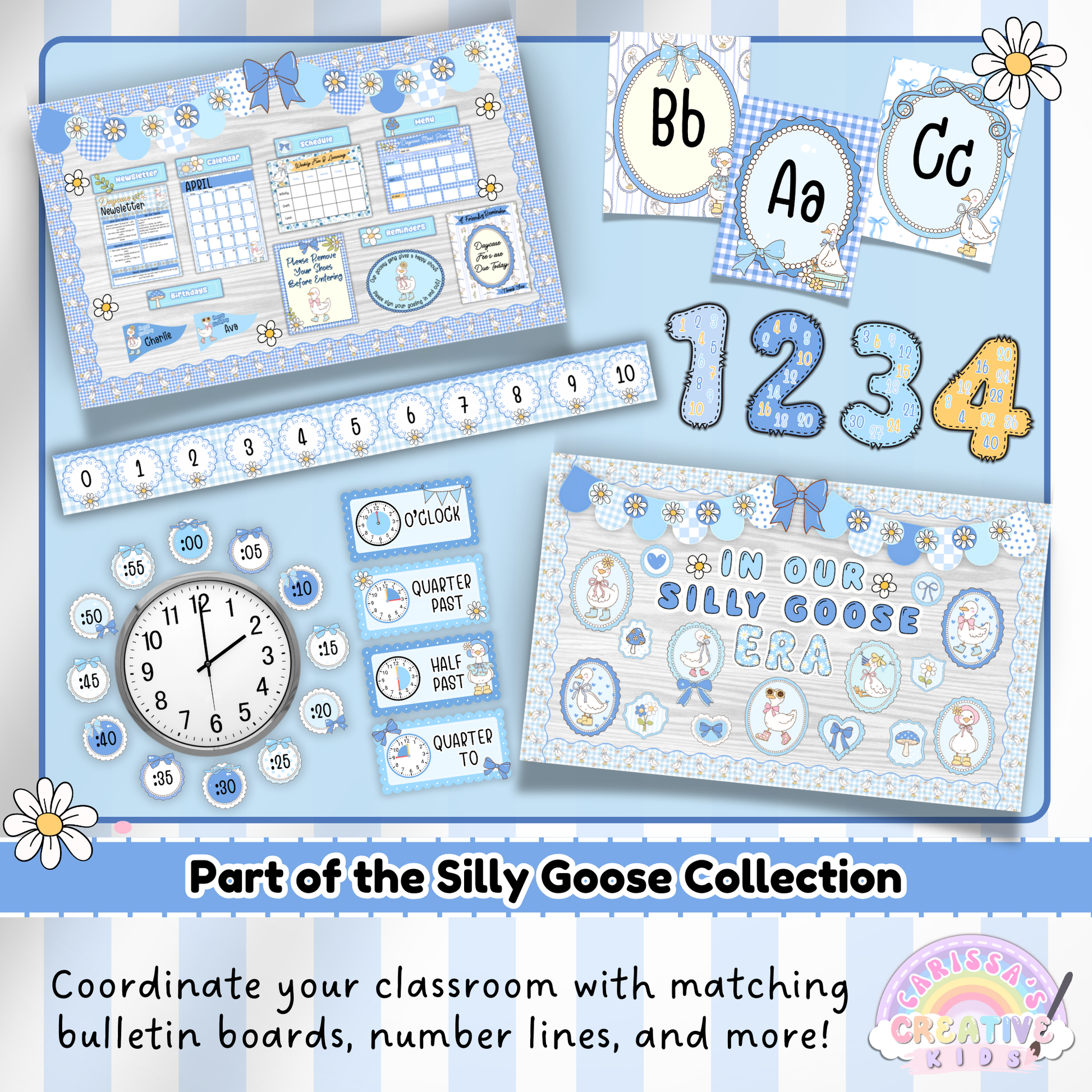 Matching classroom decor set from the Silly Goose Collection featuring alphabet cards, number line, calendar set, clock labels, and bulletin board accents in soft blue tones with gingham and goose illustrations for a cohesive speech therapy or early education space.
