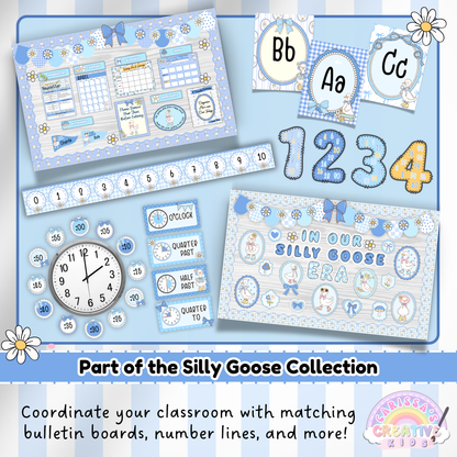 Matching classroom decor set from the Silly Goose Collection featuring alphabet cards, number line, calendar set, clock labels, and bulletin board accents in soft blue tones with gingham and goose illustrations for a cohesive speech therapy or early education space.
