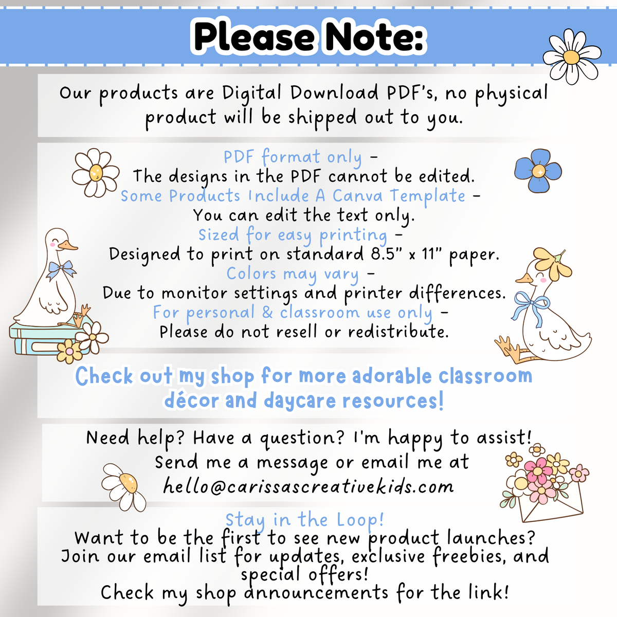 Important information for the Silly Goose classroom decor bundle digital download, including PDF format, editable Canva templates for select files, US Letter print size, color disclaimer, personal and classroom use terms, and no physical product shipping.