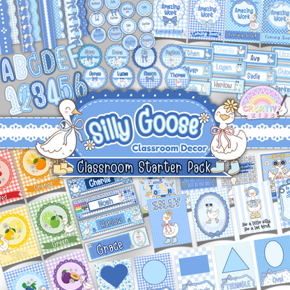 Silly Goose Classroom Decor Starter Pack featuring printable posters, bulletin board letters, borders, name tags, and student desk plates in a pastel gingham theme for preschool and elementary classrooms.