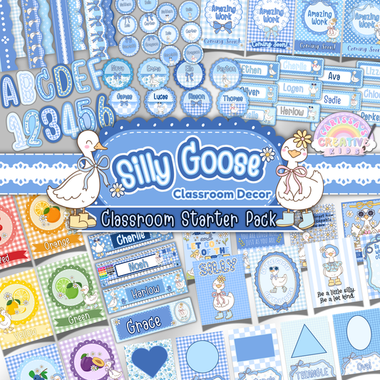 Silly Goose Classroom Decor Starter Pack featuring printable posters, bulletin board letters, borders, name tags, and student desk plates in a pastel gingham theme for preschool and elementary classrooms.