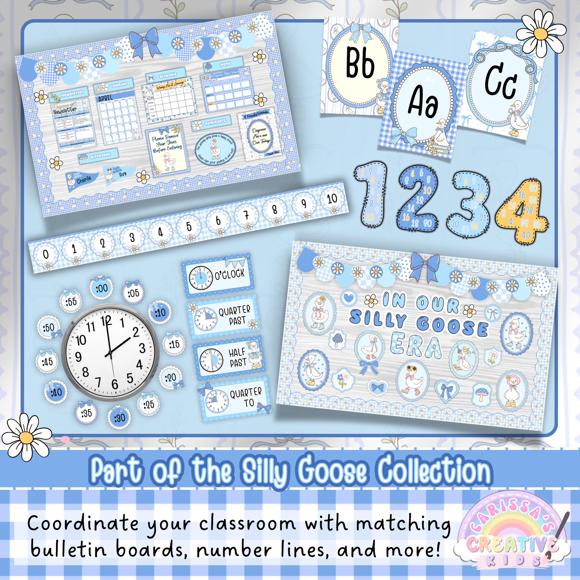 Matching Silly Goose classroom decor set featuring bulletin board borders, alphabet posters, number line, calendar, clock labels, and wall displays in pastel blue gingham theme. Coordinates with Days in School Ten Frames for a complete classroom decor collection.