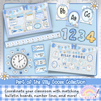 Matching Silly Goose classroom decor set featuring bulletin board borders, alphabet posters, number line, calendar, clock labels, and wall displays in pastel blue gingham theme. Coordinates with Days in School Ten Frames for a complete classroom decor collection.