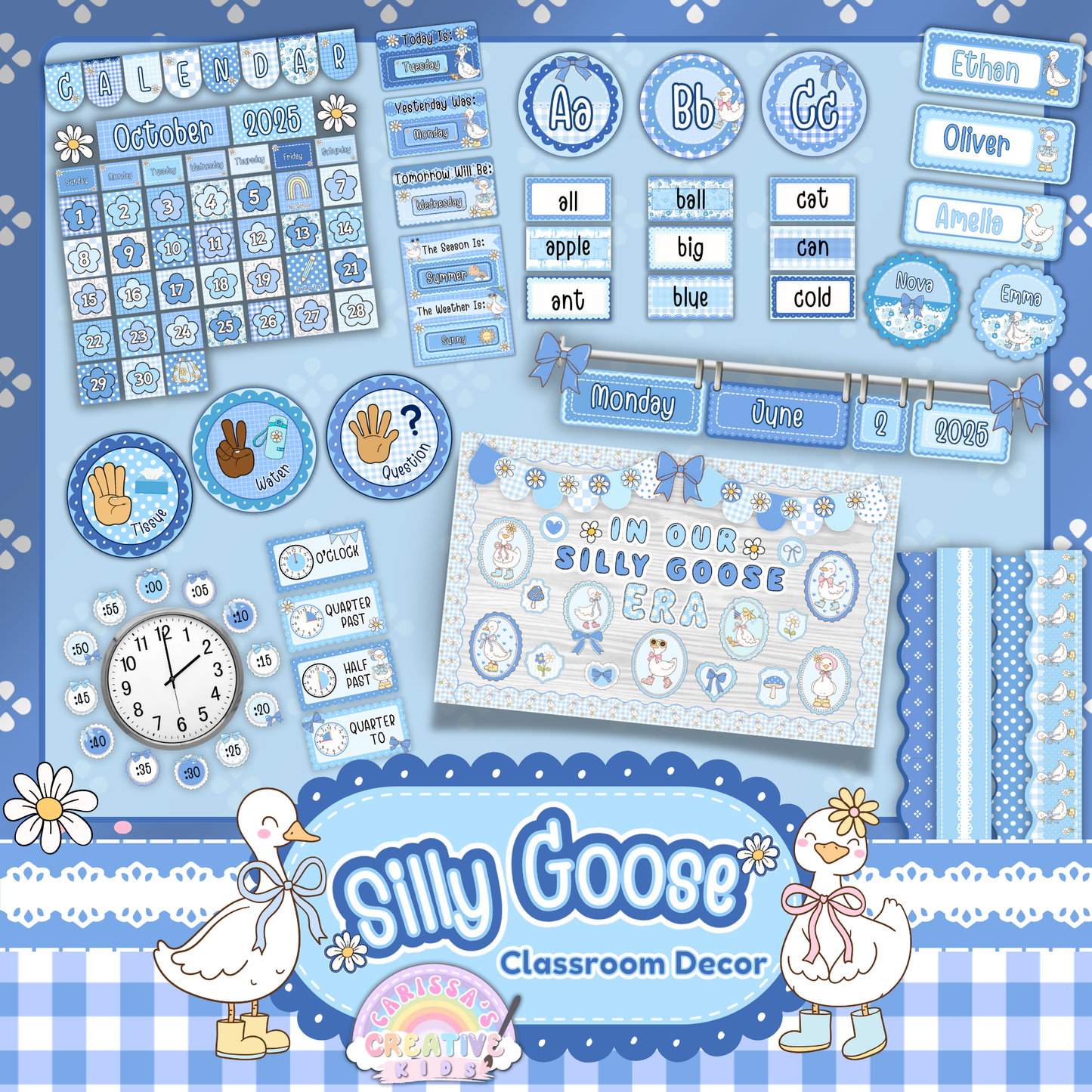Preview of Silly Goose Classroom Decor featuring blue gingham-themed posters, calendar, word wall, hand signals, clock labels, name tags, and bulletin board pieces. Ideal for preschool, daycare, and elementary classrooms.