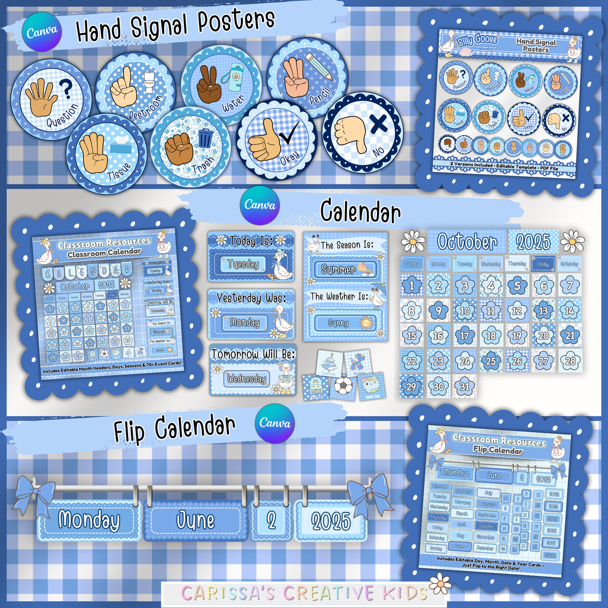 Silly Goose classroom decor bundle featuring printable hand signal posters, a classroom calendar, and a flip calendar in blue gingham classroom decor for preschool, kindergarten, and elementary teachers.