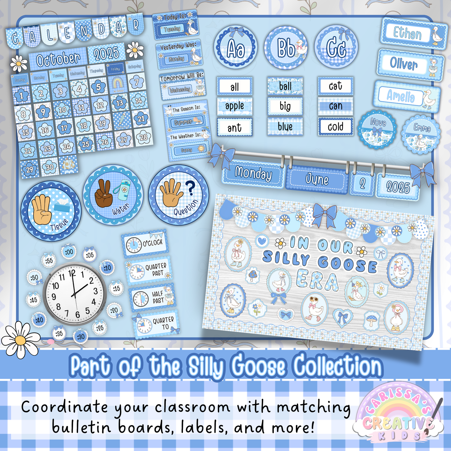 Coordinated classroom decor from the Silly Goose Collection, including bulletin boards, editable name labels, calendar sets, classroom rules, and schedule cards. Designed in pastel blue gingham with daisies for a cohesive elementary classroom theme.