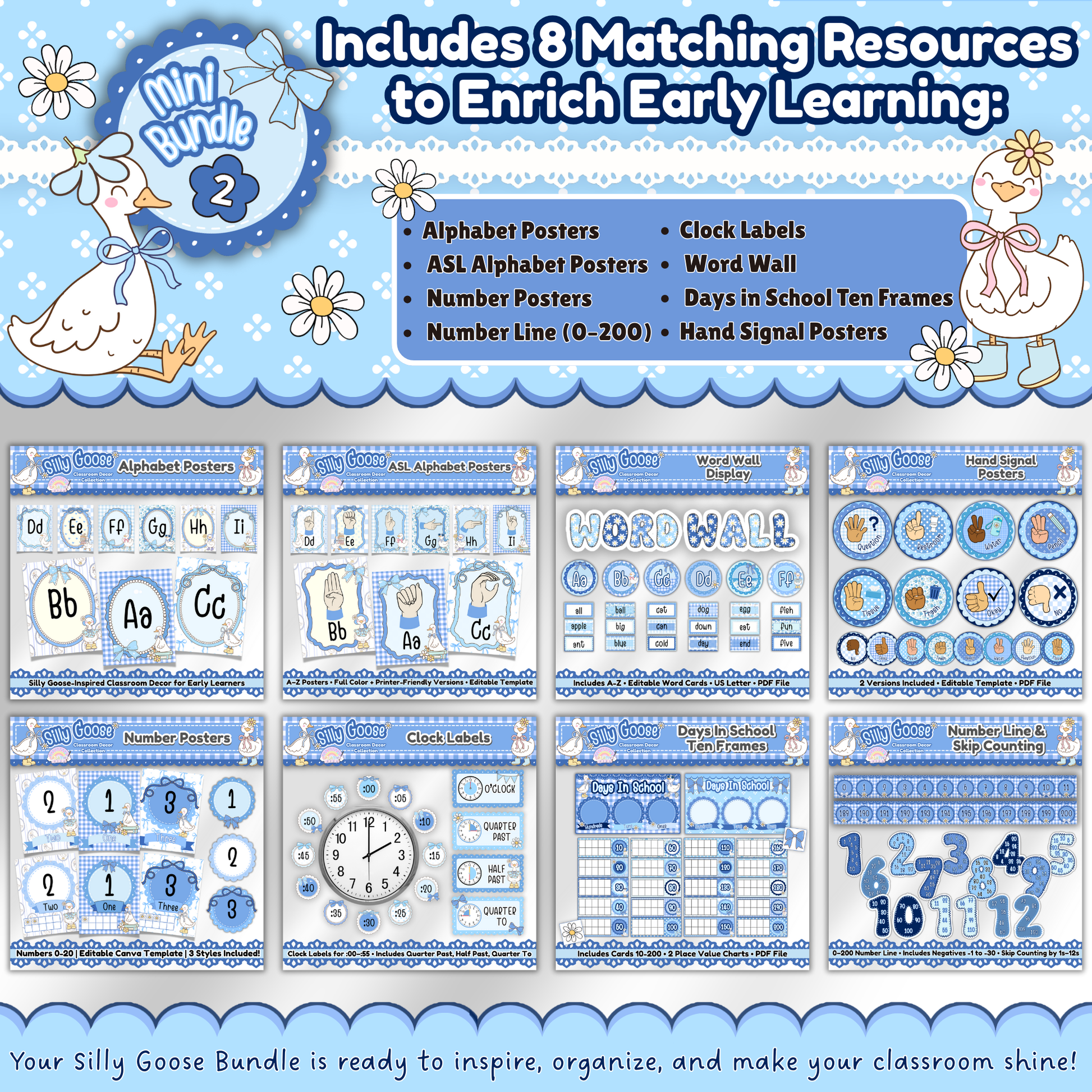 Overview of Mini Bundle 2 from the Silly Goose Classroom Decor Collection, featuring 8 matching resources including alphabet posters, ASL alphabet, number posters, number line, word wall, hand signals, clock labels, and ten-frame charts in a blue gingham theme.