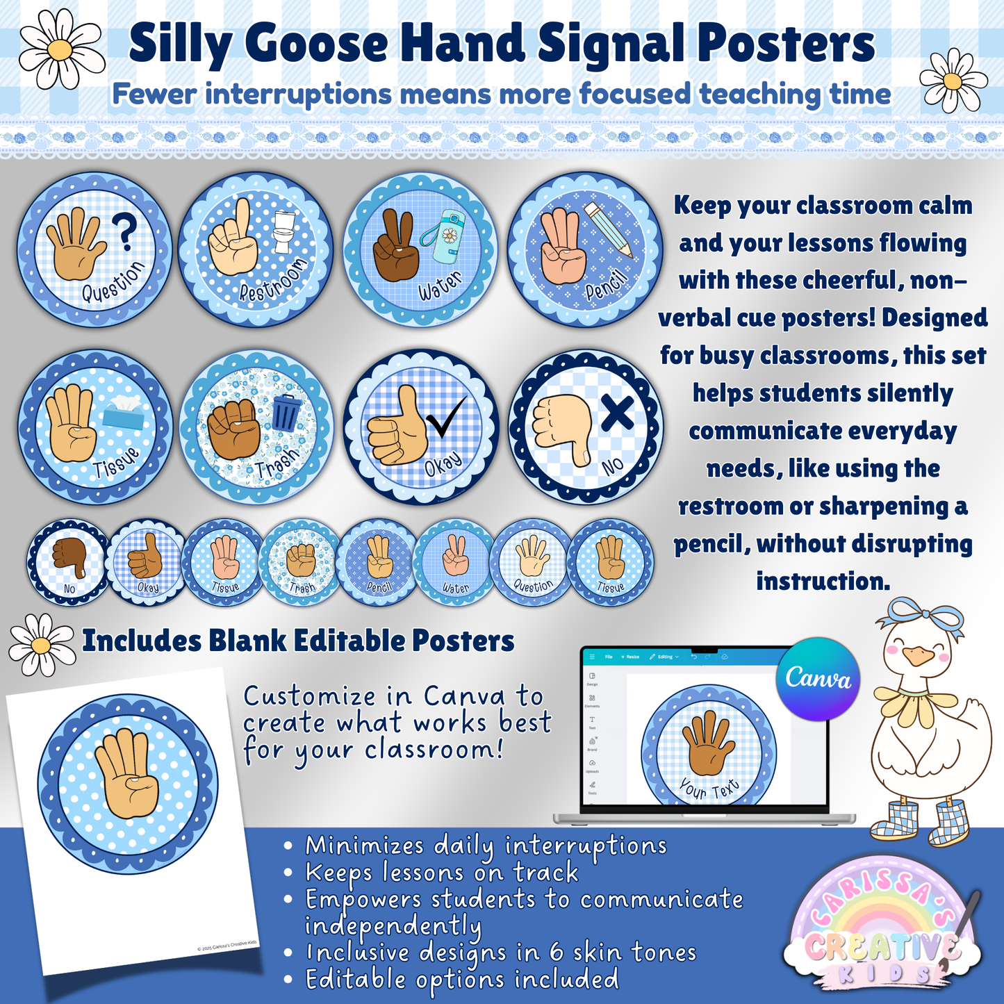 Classroom hand signal posters in playful silly goose theme, featuring diverse skin tones and editable signs for managing student needs silently.