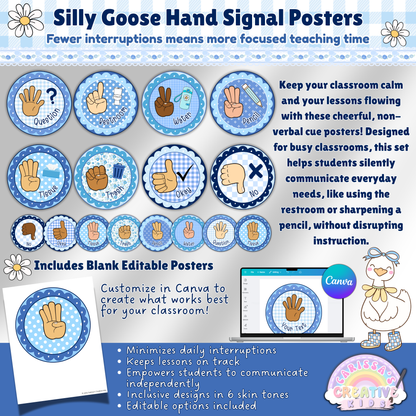 Classroom hand signal posters in playful silly goose theme, featuring diverse skin tones and editable signs for managing student needs silently.