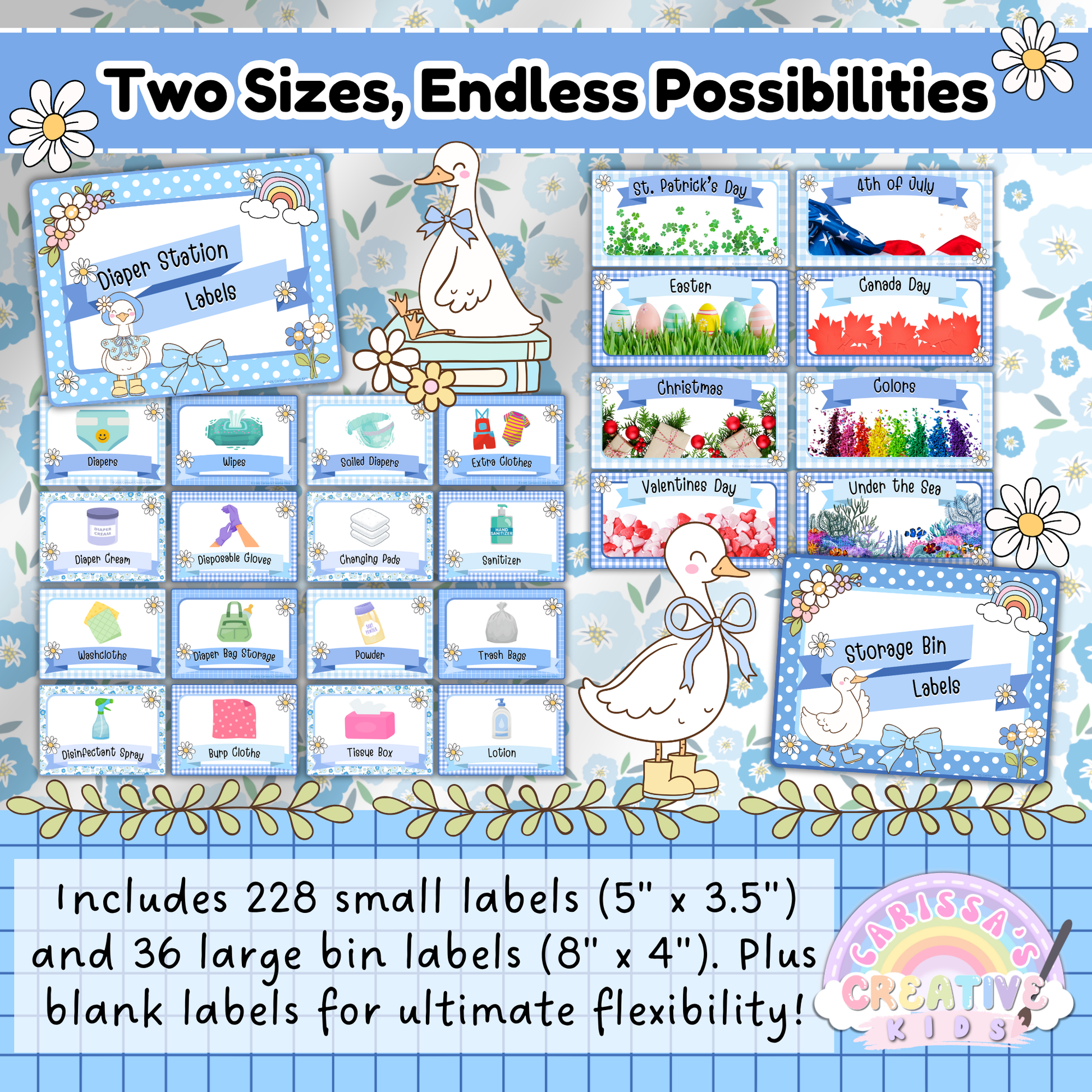 This image showcases the size variety included in the Silly Goose classroom label pack: 228 small labels (5” x 3.5”) and 36 large bin labels (8” x 4”), plus blank templates. Visual examples show labels for storage bins, diaper stations, and seasonal categories, all in playful blue gingham with sweet goose illustrations.