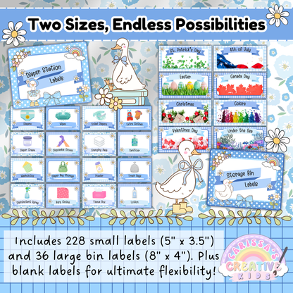 This image showcases the size variety included in the Silly Goose classroom label pack: 228 small labels (5” x 3.5”) and 36 large bin labels (8” x 4”), plus blank templates. Visual examples show labels for storage bins, diaper stations, and seasonal categories, all in playful blue gingham with sweet goose illustrations.