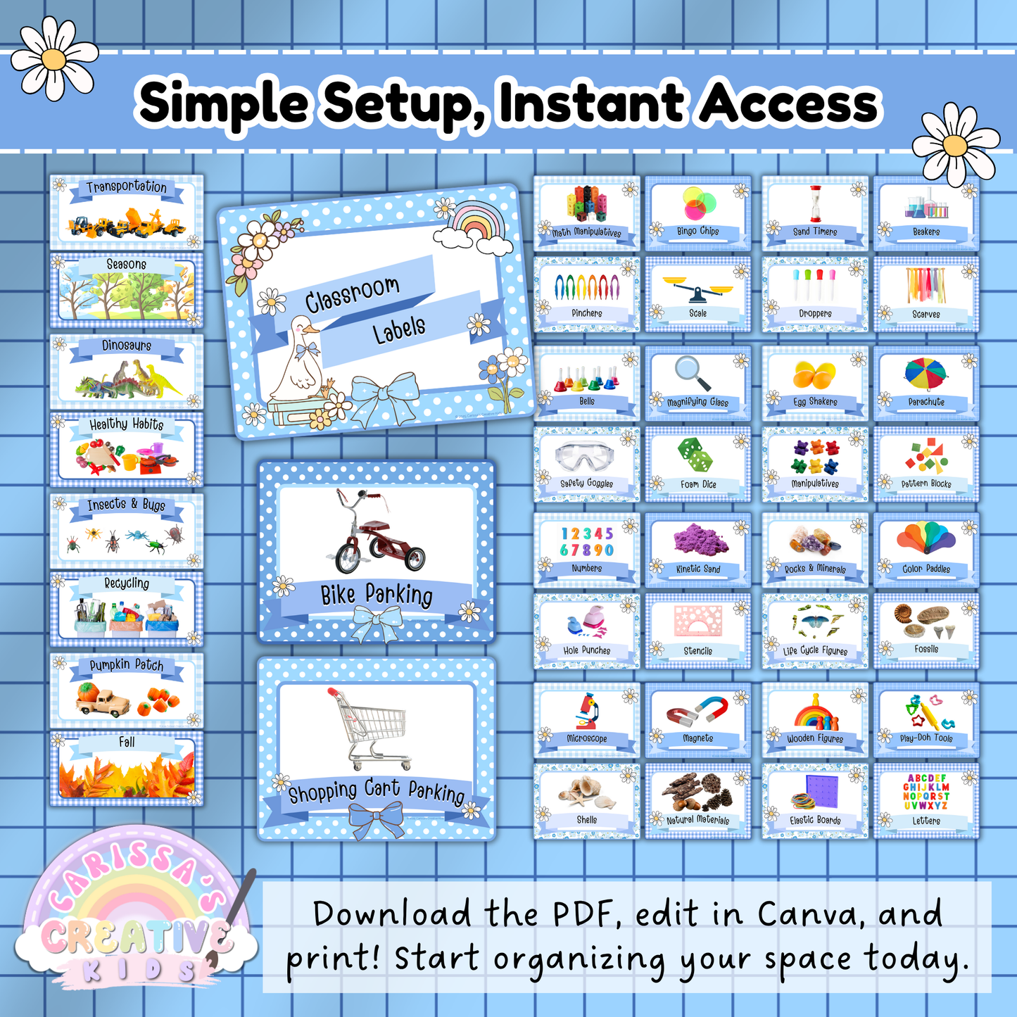 Snapshot of Silly Goose classroom labels featuring editable PDF and Canva labels for bins, storage, and themed areas like bike parking, shopping cart parking, and fall activities. Organized into soft blue gingham with charming graphics—perfect for preschool, daycare, and homeschool spaces needing quick setup and easy access to visual labels.
