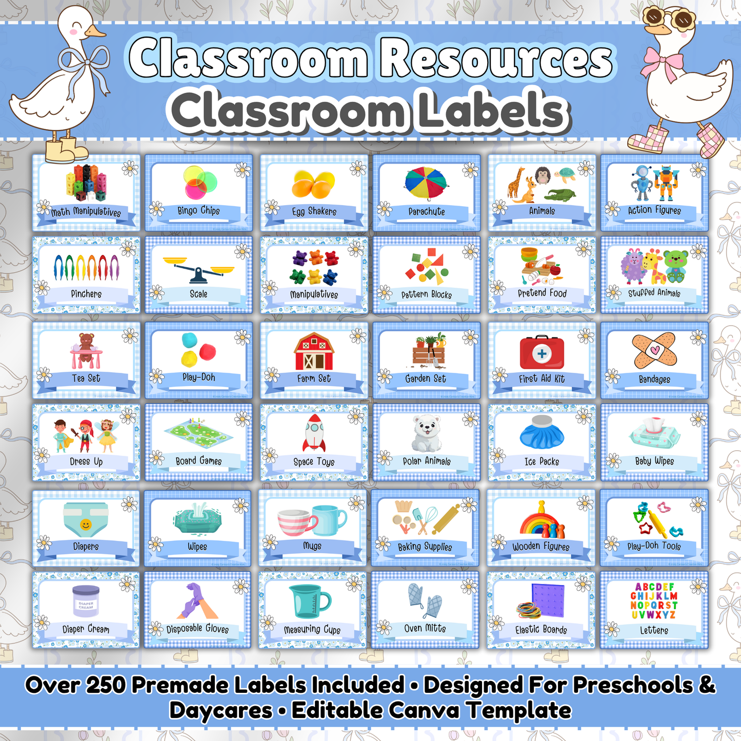 Main preview image of the Silly Goose Collection classroom labels, featuring over 250 pre-made printable labels for toys, supplies, and daily essentials. Designed in a pastel blue gingham theme with vintage-inspired geese and playful icons, perfect for preschool classrooms, daycares, or homeschool settings.