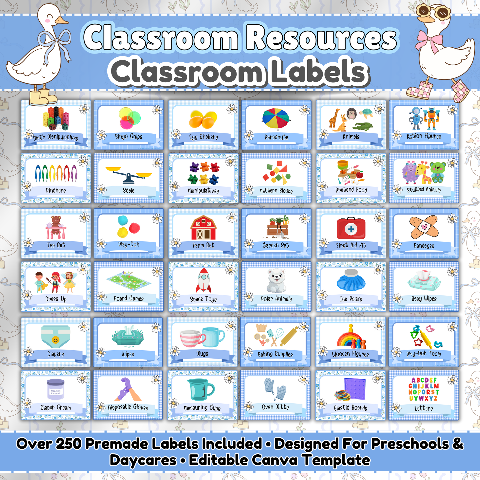 Main preview image of the Silly Goose Collection classroom labels, featuring over 250 pre-made printable labels for toys, supplies, and daily essentials. Designed in a pastel blue gingham theme with vintage-inspired geese and playful icons, perfect for preschool classrooms, daycares, or homeschool settings.