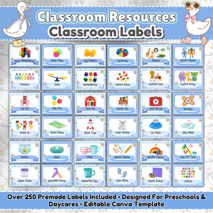 Main preview image of the Silly Goose Collection classroom labels, featuring over 250 pre-made printable labels for toys, supplies, and daily essentials. Designed in a pastel blue gingham theme with vintage-inspired geese and playful icons, perfect for preschool classrooms, daycares, or homeschool settings.