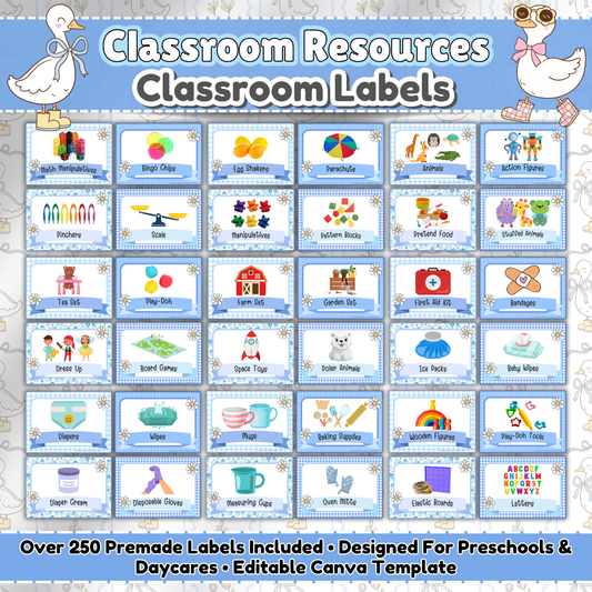Main preview image of the Silly Goose Collection classroom labels, featuring over 250 pre-made printable labels for toys, supplies, and daily essentials. Designed in a pastel blue gingham theme with vintage-inspired geese and playful icons, perfect for preschool classrooms, daycares, or homeschool settings.