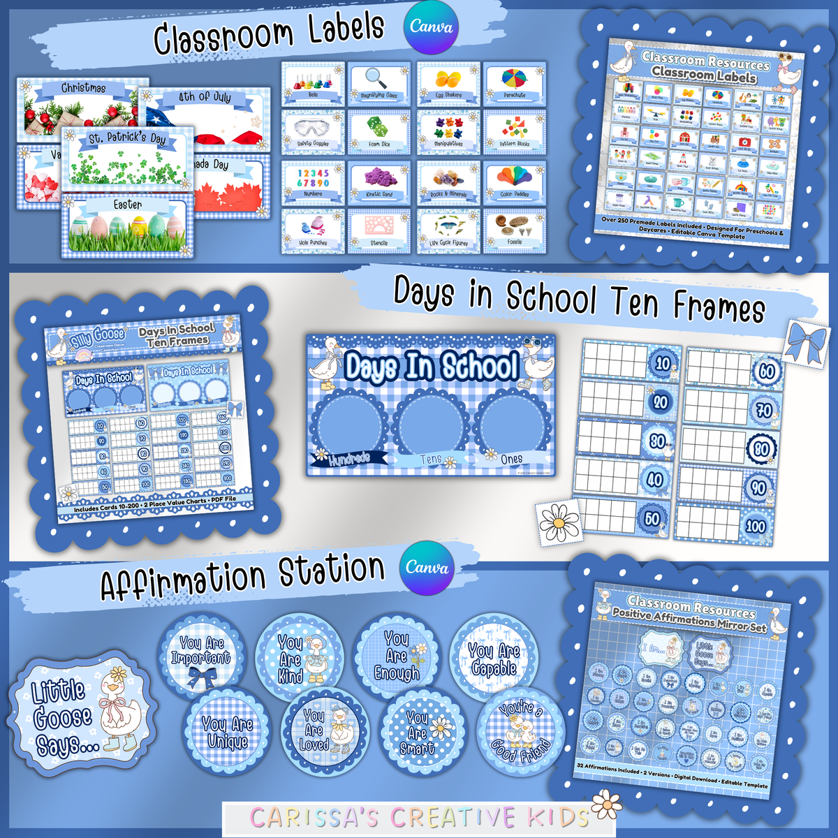 Silly Goose classroom decor bundle featuring printable classroom labels, Days in School ten frames, and positive affirmation station pieces in blue gingham decor for preschool, kindergarten, and elementary classrooms.