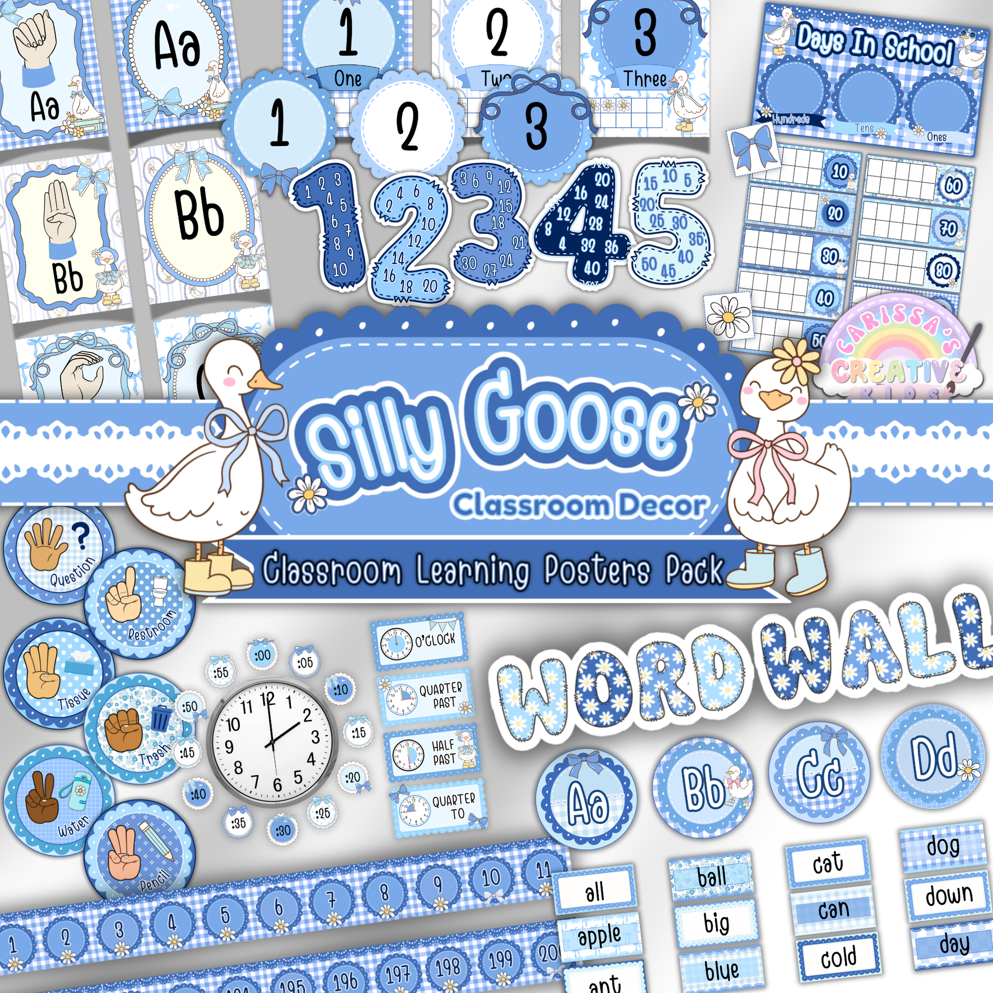 Main preview of the Silly Goose Classroom Learning Posters Pack, featuring math posters, alphabet charts, ASL, hand signals, number lines, word wall cards, and more in a blue gingham theme for preschool and elementary classrooms.