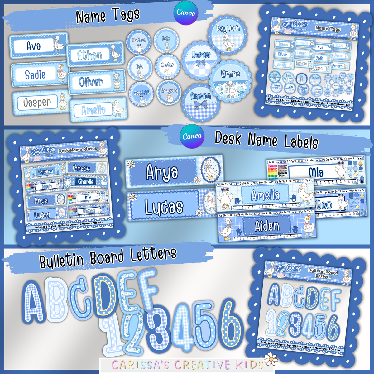 Silly Goose classroom decor bundle featuring printable student name tags, desk name labels, and bulletin board letters in blue gingham classroom decor for preschool, kindergarten, and elementary classrooms.