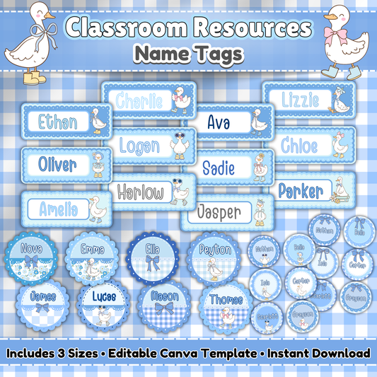 Editable silly goose classroom name tags in three sizes, perfect for labeling cubbies, desks, lockers, and more in daycare, preschool, and retro-themed classrooms. Features vintage blue gingham with playful geese and includes Canva template for easy customization.