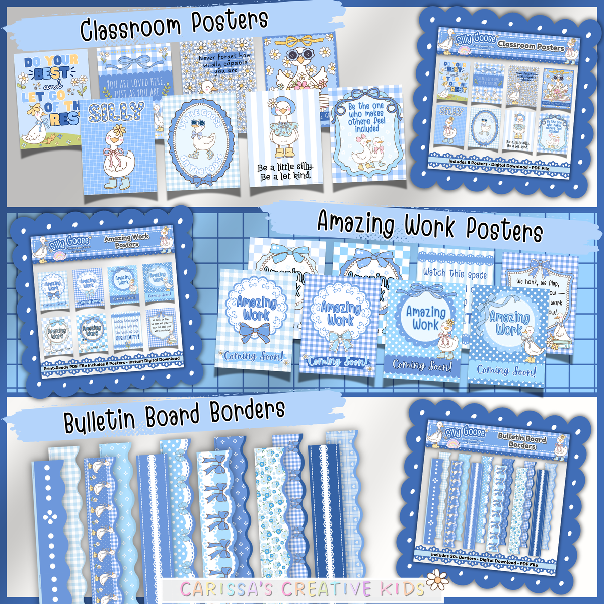Silly Goose classroom decor bundle featuring printable classroom posters, Amazing Work display posters, and bulletin board borders in blue gingham classroom decor for preschool, kindergarten, and elementary classrooms.