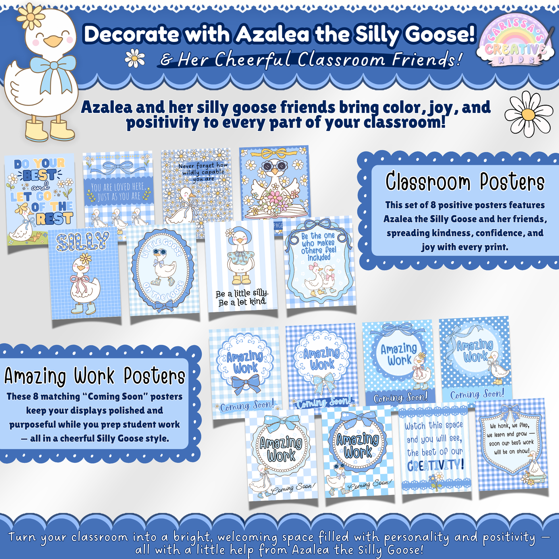 Silly Goose classroom wall posters including 8 positive affirmation prints and 8 Amazing Work Coming Soon displays in a cohesive pastel gingham theme for preschool and elementary classrooms.