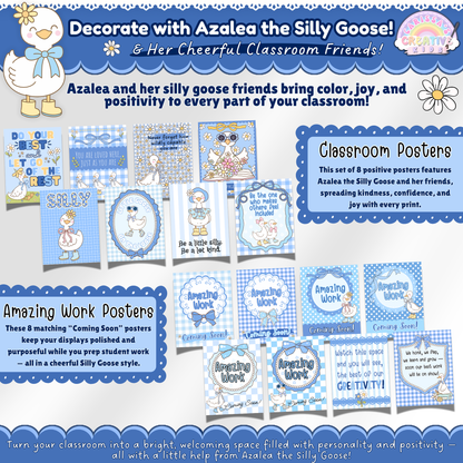 Silly Goose classroom wall posters including 8 positive affirmation prints and 8 Amazing Work Coming Soon displays in a cohesive pastel gingham theme for preschool and elementary classrooms.