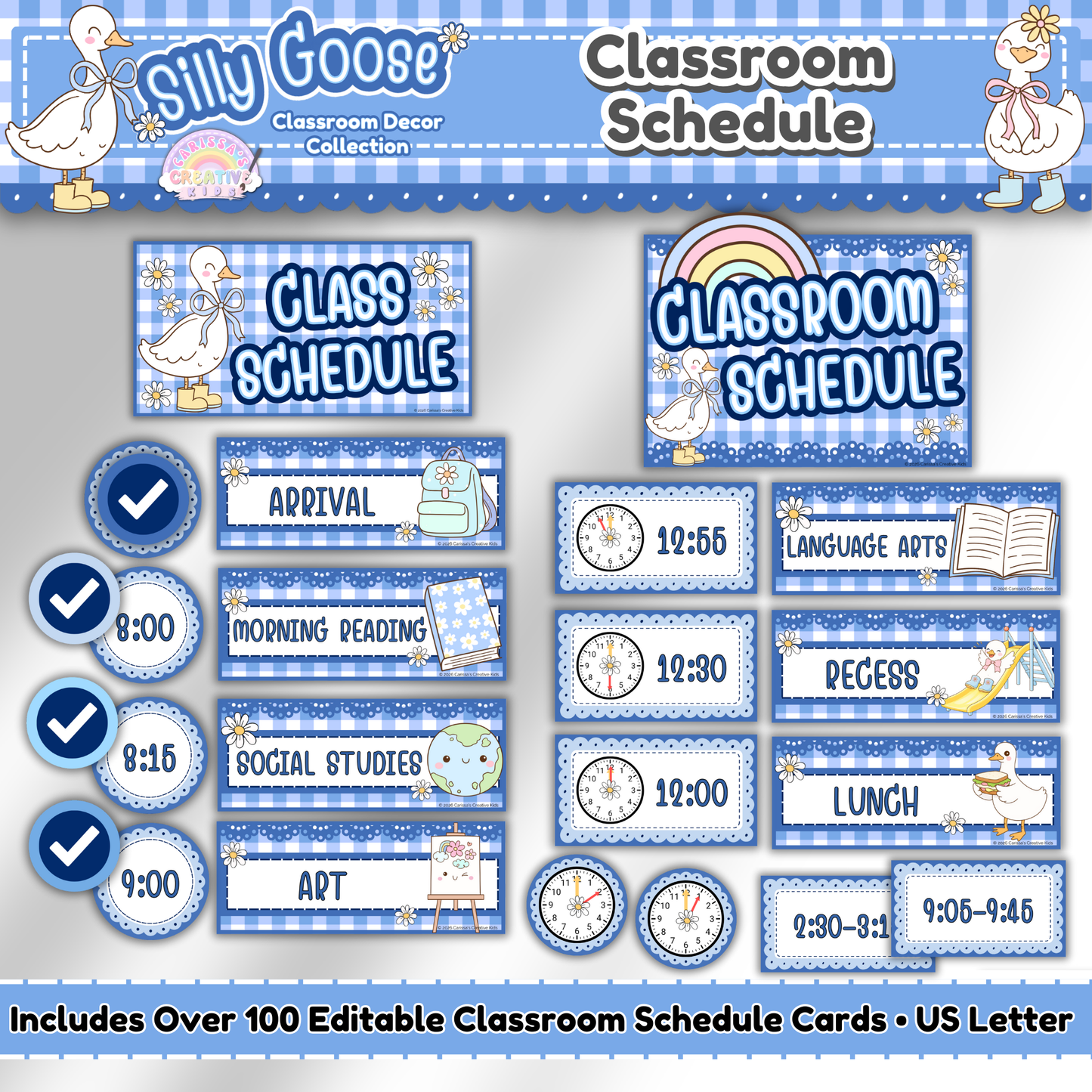 Silly Goose themed classroom schedule display showing editable visual and text-based daily schedule cards with time clocks and check marks for elementary classroom decor.