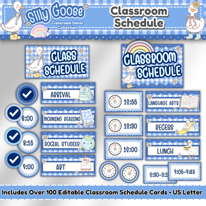 Silly Goose themed classroom schedule display showing editable visual and text-based daily schedule cards with time clocks and check marks for elementary classroom decor.