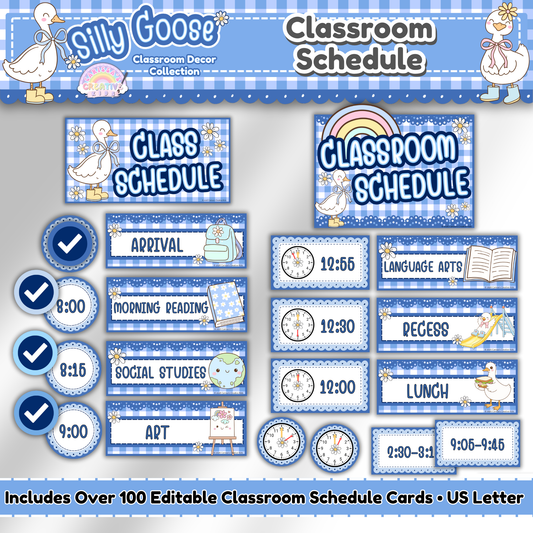 Silly Goose themed classroom schedule display showing editable visual and text-based daily schedule cards with time clocks and check marks for elementary classroom decor.