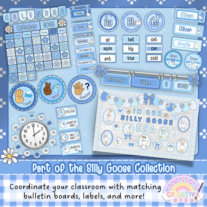 Matching Silly Goose classroom decor set with calendar, alphabet, labels, and bulletin board pieces