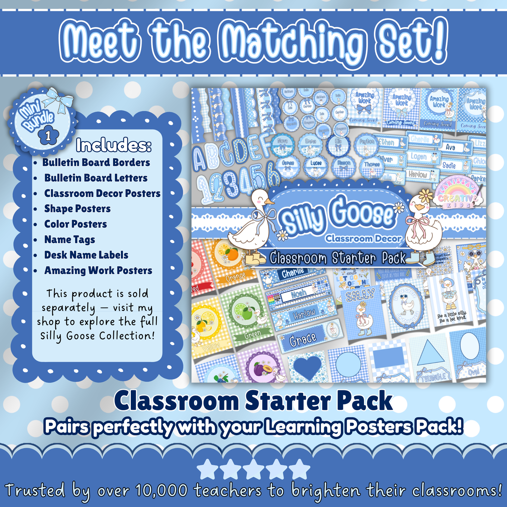 Matching silly goose classroom decor bundle with bulletin board letters, name tags, shape posters, and more for a cohesive theme.