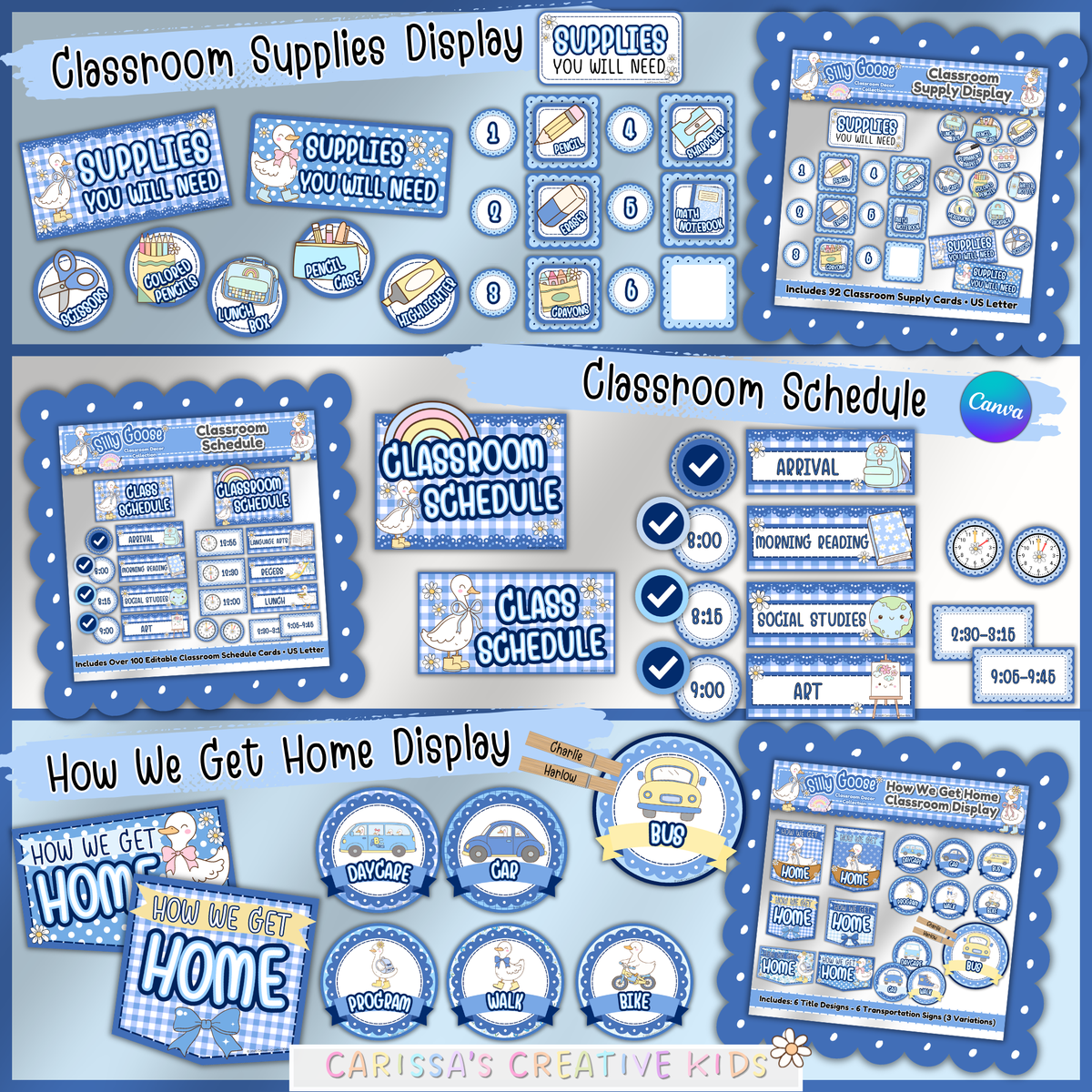 Silly Goose classroom decor bundle featuring a printable classroom supplies display, classroom schedule cards, and How We Get Home dismissal display in blue gingham decor for preschool, kindergarten, and elementary classrooms.