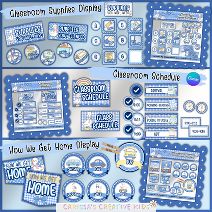 Silly Goose classroom decor bundle featuring a printable classroom supplies display, classroom schedule cards, and How We Get Home dismissal display in blue gingham decor for preschool, kindergarten, and elementary classrooms.
