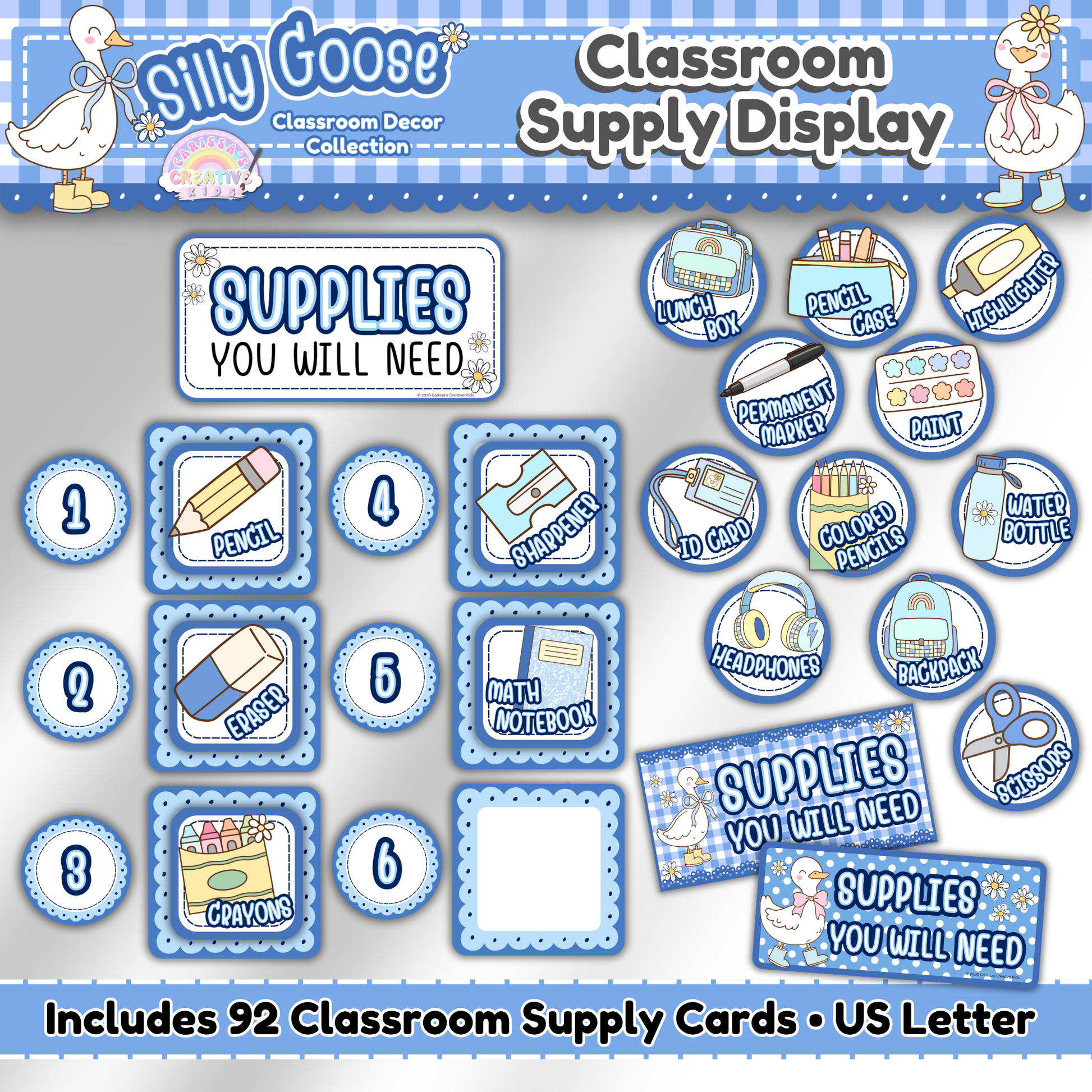 Preview of Silly Goose Classroom Supply Display printable featuring 92 school supply cards in circular and square shapes, number cards, and title signs. Designed for classroom management and back-to-school organization.