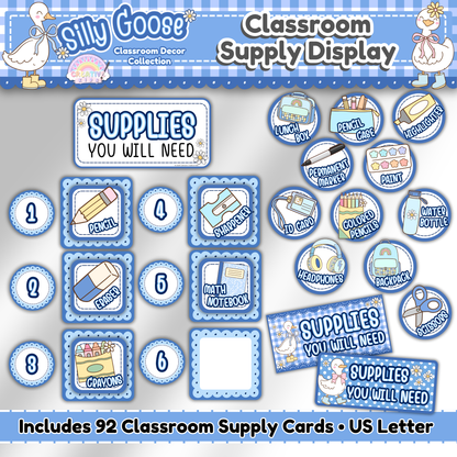 Preview of Silly Goose Classroom Supply Display printable featuring 92 school supply cards in circular and square shapes, number cards, and title signs. Designed for classroom management and back-to-school organization.