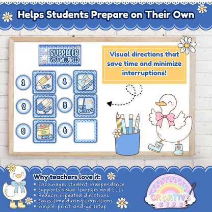 Visual example of the Silly Goose Classroom Supply Display used on a whiteboard with number cards and supply cards. Designed to help students follow directions independently and reduce classroom interruptions.