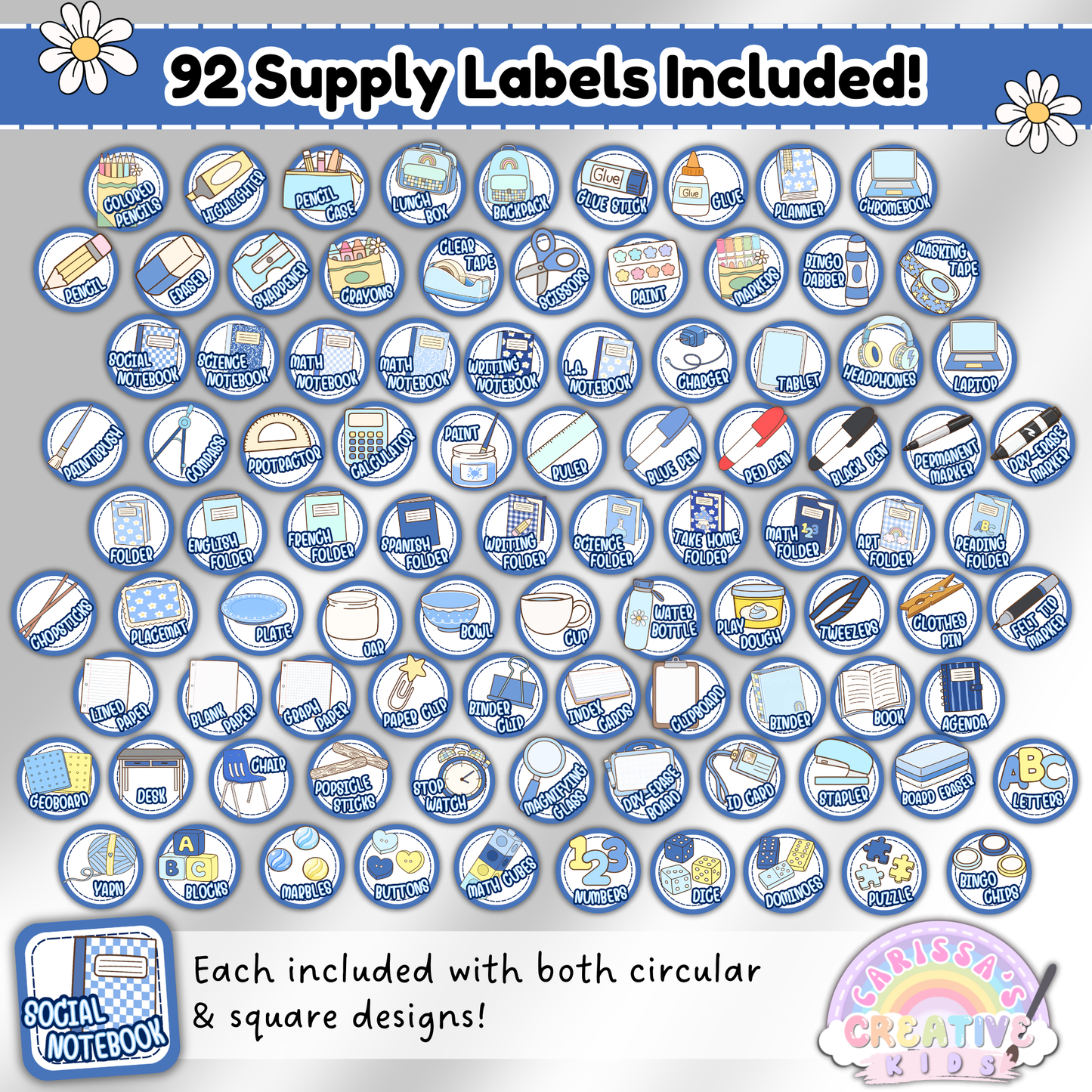Full set preview of 92 printable classroom supply labels from the Silly Goose collection. Each supply shown in both circular and square designs, ideal for classroom management and back-to-school prep.