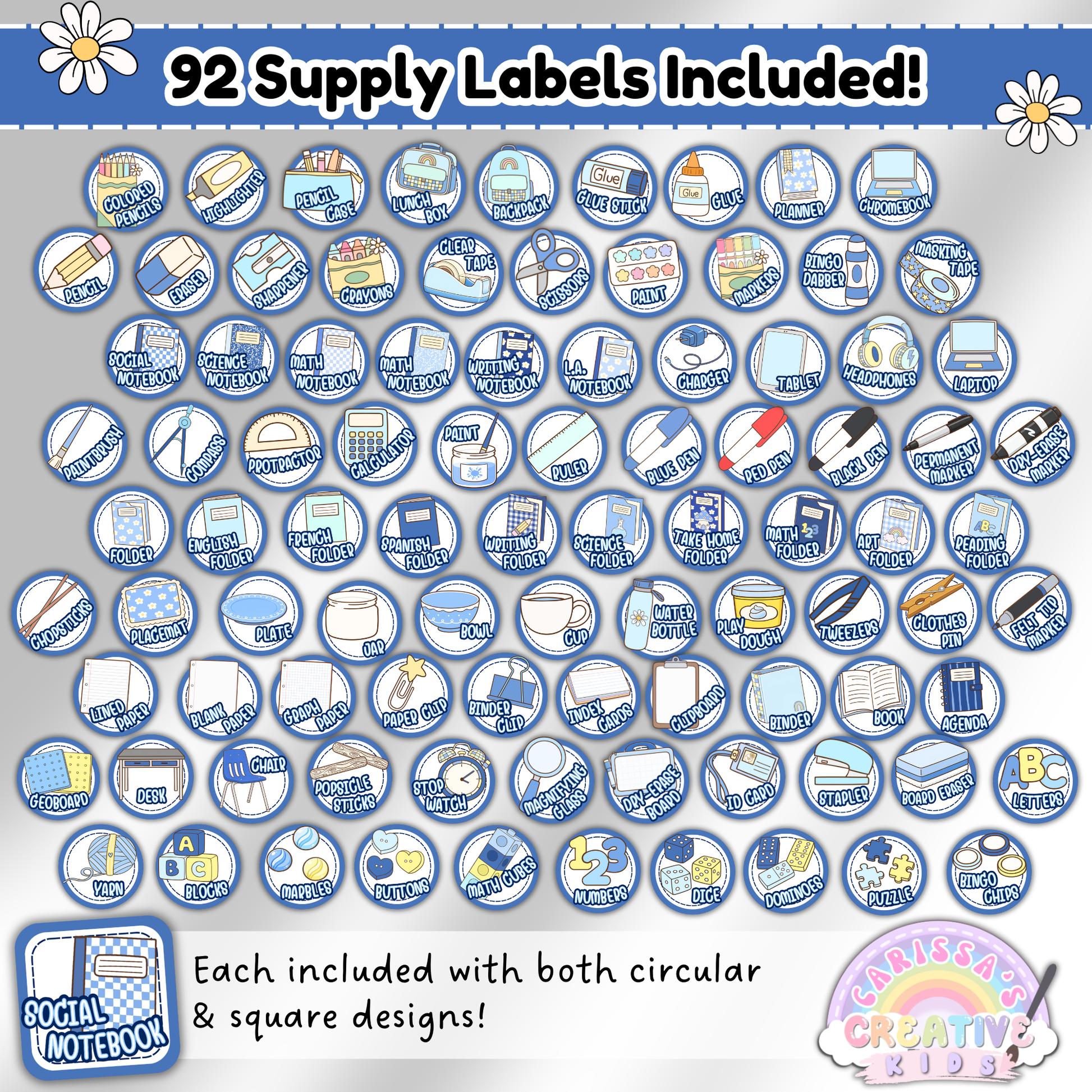 Full set preview of 92 printable classroom supply labels from the Silly Goose collection. Each supply shown in both circular and square designs, ideal for classroom management and back-to-school prep.