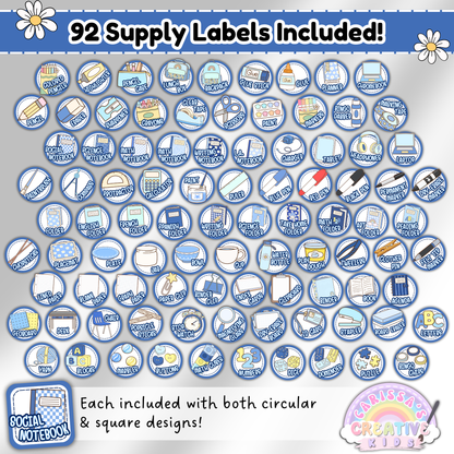 Full set preview of 92 printable classroom supply labels from the Silly Goose collection. Each supply shown in both circular and square designs, ideal for classroom management and back-to-school prep.