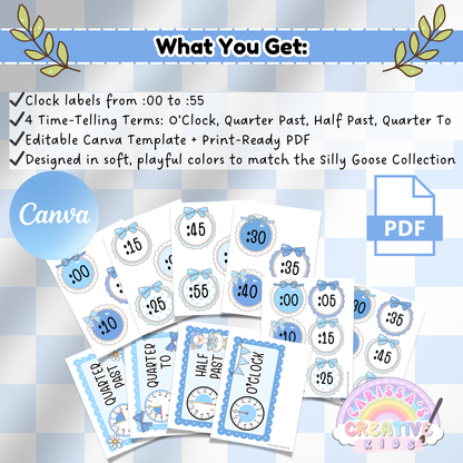 Overview of printable classroom clock labels showing time from :00 to :55 and phrases like o’clock and half past; includes editable Canva template and PDF download in a silly goose theme with blue gingham accents.