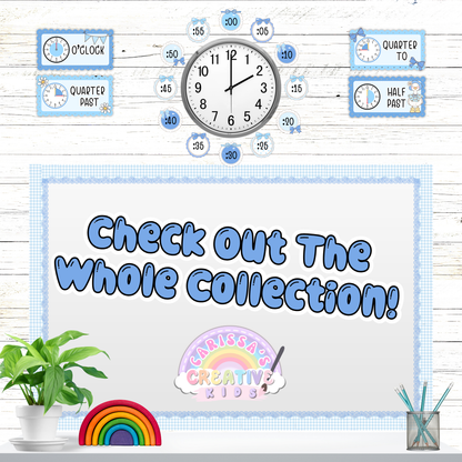 Classroom display featuring silly goose clock labels arranged around a real clock with time-telling phrases on a white shiplap background; includes a reminder to check out the full matching decor collection.