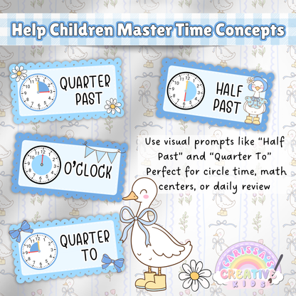 Silly goose-themed classroom clock labels for “o’clock,” “quarter past,” “half past,” and “quarter to” with visual clock prompts; ideal for preschool, kindergarten, math centers, and daily review.