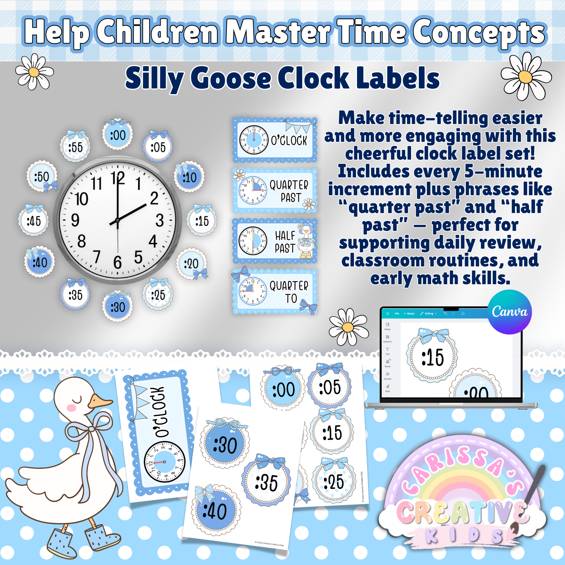 Clock labels for teaching time in five-minute increments, including quarter past and half past phrases in a blue gingham classroom theme.