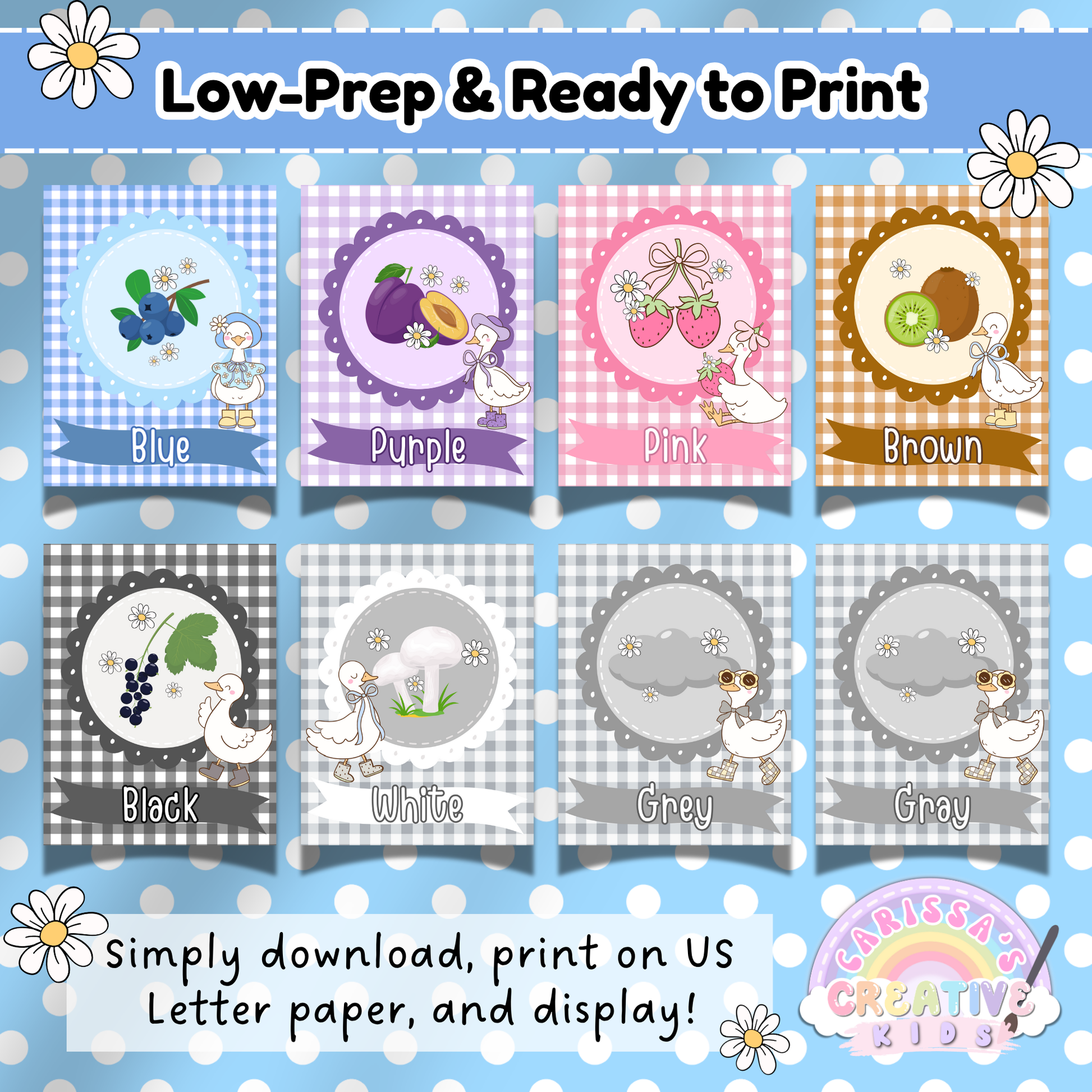 Ten pastel gingham color posters featuring the colors blue, purple, pink, brown, black, white, grey, and gray. Each poster includes fruit illustrations and a matching silly goose character. Designed to print on US Letter paper for easy, low-prep classroom decor.
