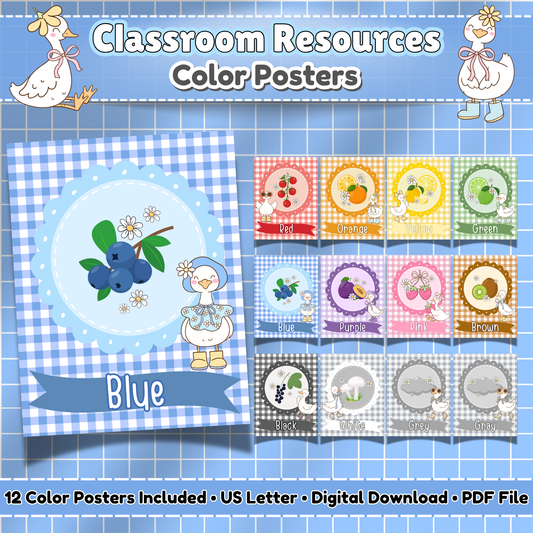 Overview of pastel Silly Goose Color Posters featuring 12 printable classroom posters in coordinating colors. Designed for preschool, daycare, or kindergarten decor. Includes both “gray” and “grey” spellings. A cheerful and whimsical addition to any back-to-school setup.