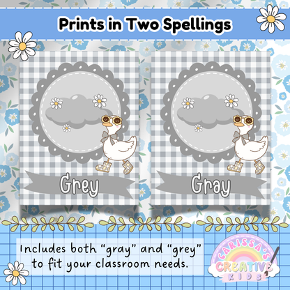 Side-by-side color posters for "Gray" and "Grey" featuring the same playful cloud and daisy design with a stylish goose in sunglasses. This pastel classroom decor includes both American and British spellings to match your teaching preferences or classroom region.