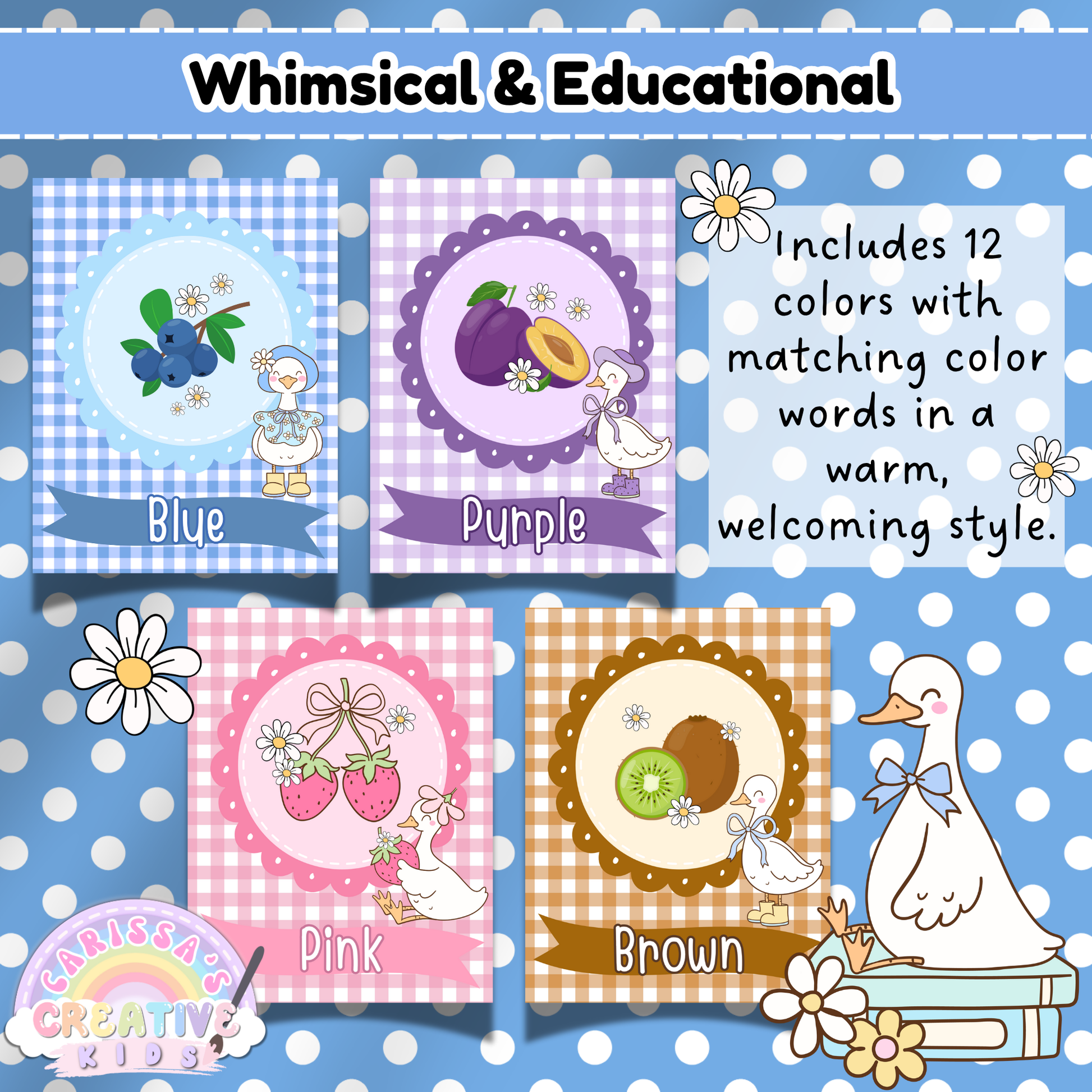 Blue, purple, pink, and brown color posters with fruit illustrations and gingham backgrounds, each paired with a silly goose character. This pastel classroom poster set is perfect for helping young learners recognize color words in a playful, educational way.
